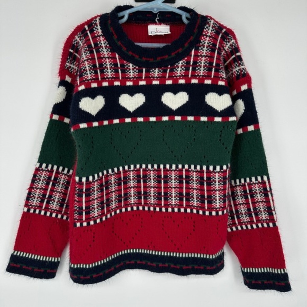 Vintage InDesign Kids Sweater X-Small 4/5 Valentines Plaid Heart‎ Knit Pullover